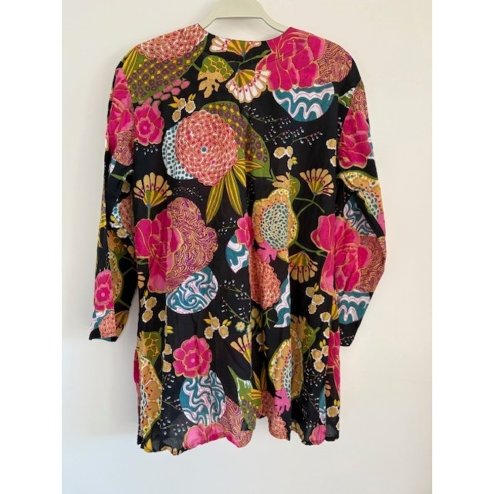 Dolma Womens XL Floral Cotton Tunic Top Black Pink Yellow Long Sleeve Split Neck - Picture 2 of 4